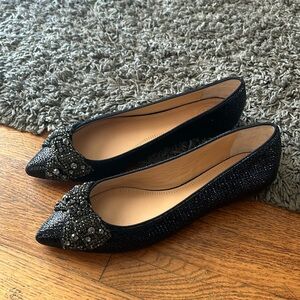 Tory Burch "Vanessa" Jeweled Crystal Bow Pointy Toe Leather Flats Size 8.5